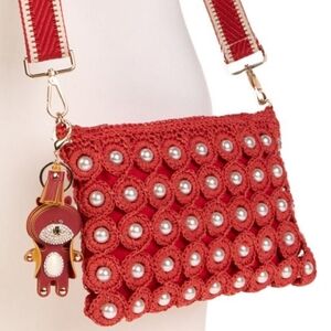 Sharif Red Crochet Crossbody Bag with Pearl Accents